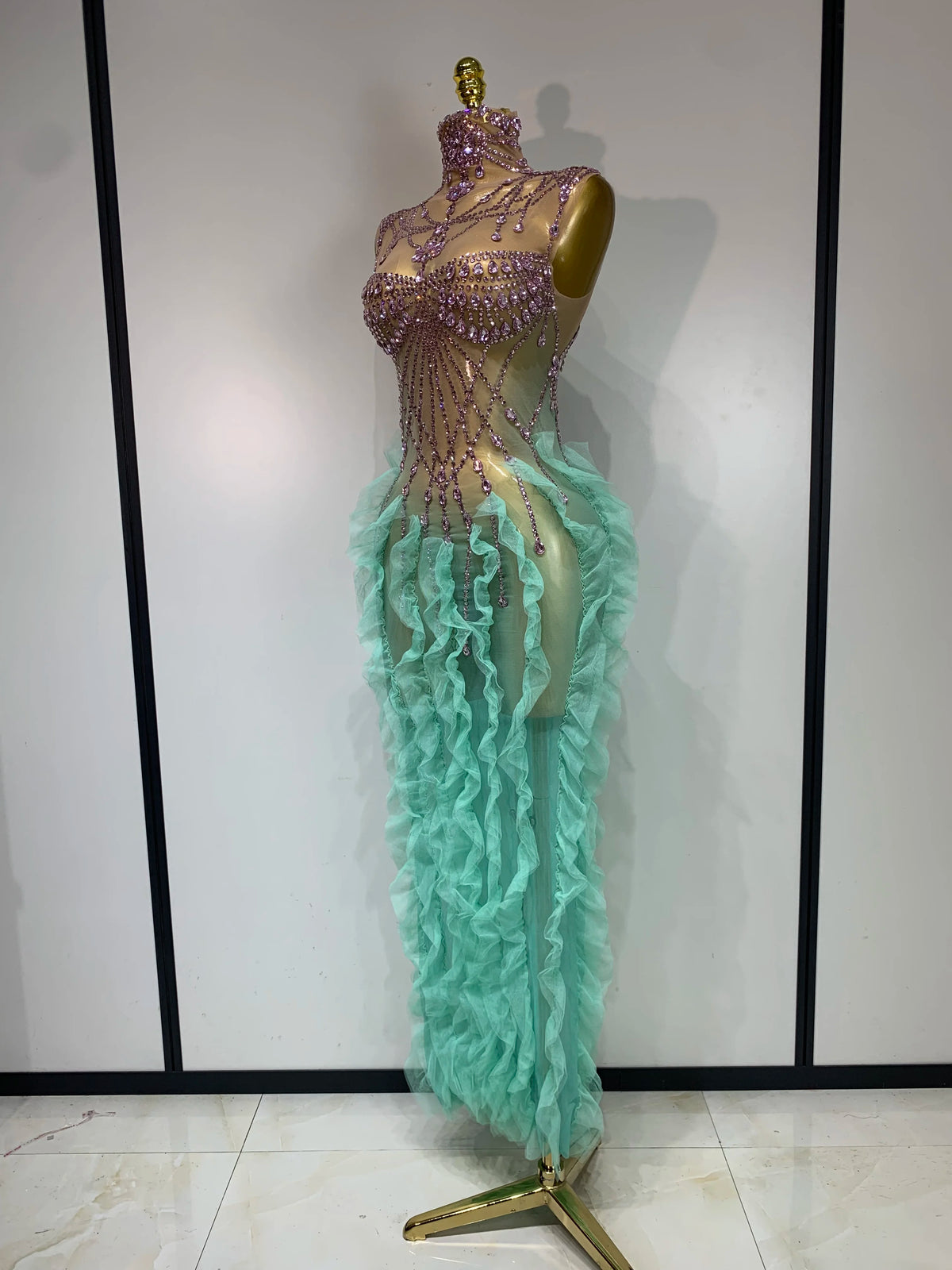 Gaelle Mesh Ruffled  Maxi Dress