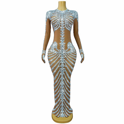 Skeleton Rhinestone Mesh Maxi Dress
