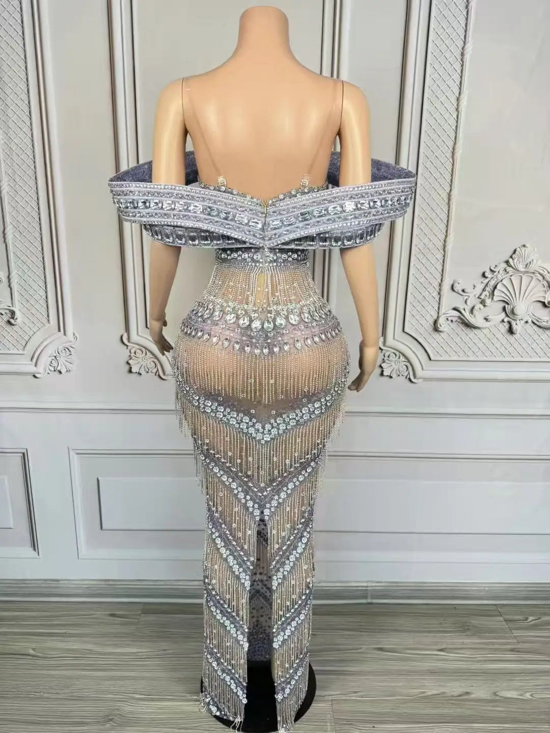 Grandiose Rhinestone Mesh Maxi Dress