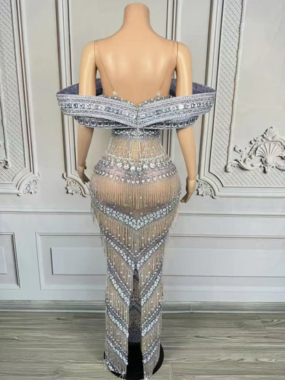 Grandiose Rhinestone Mesh Maxi Dress