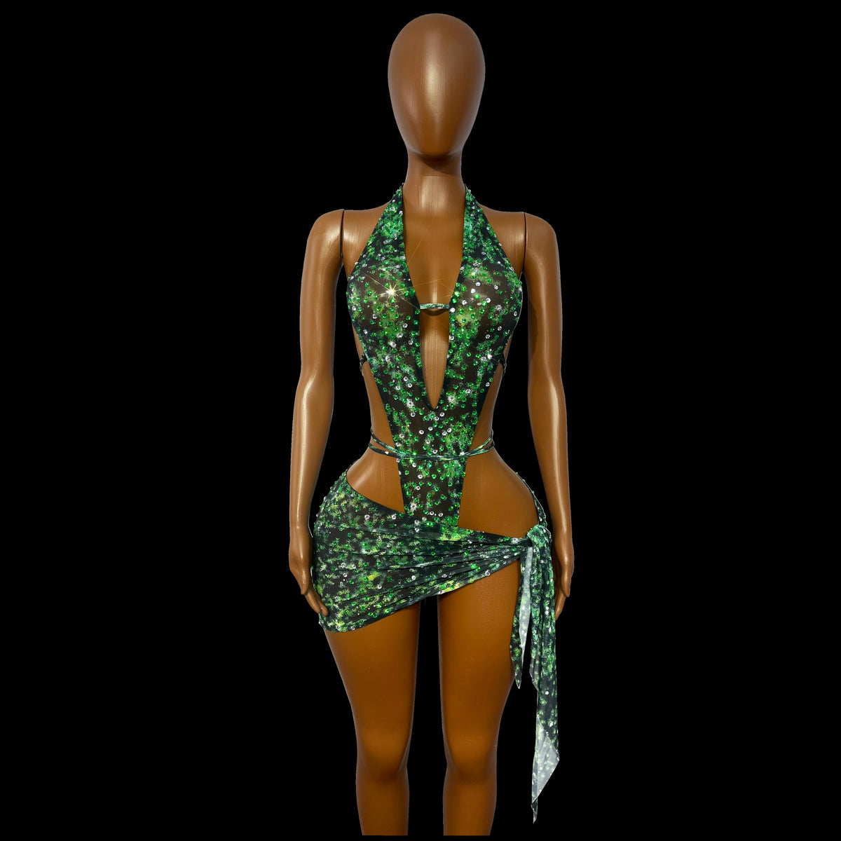 Green Rhinestone Mesh Skirt Set