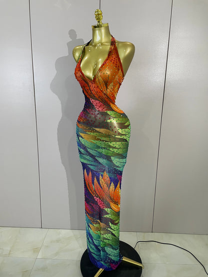 Sparkly Colorful Rhinestone Mesh Maxi Dress
