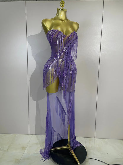 Purple Tassel Mesh Maxi Dress