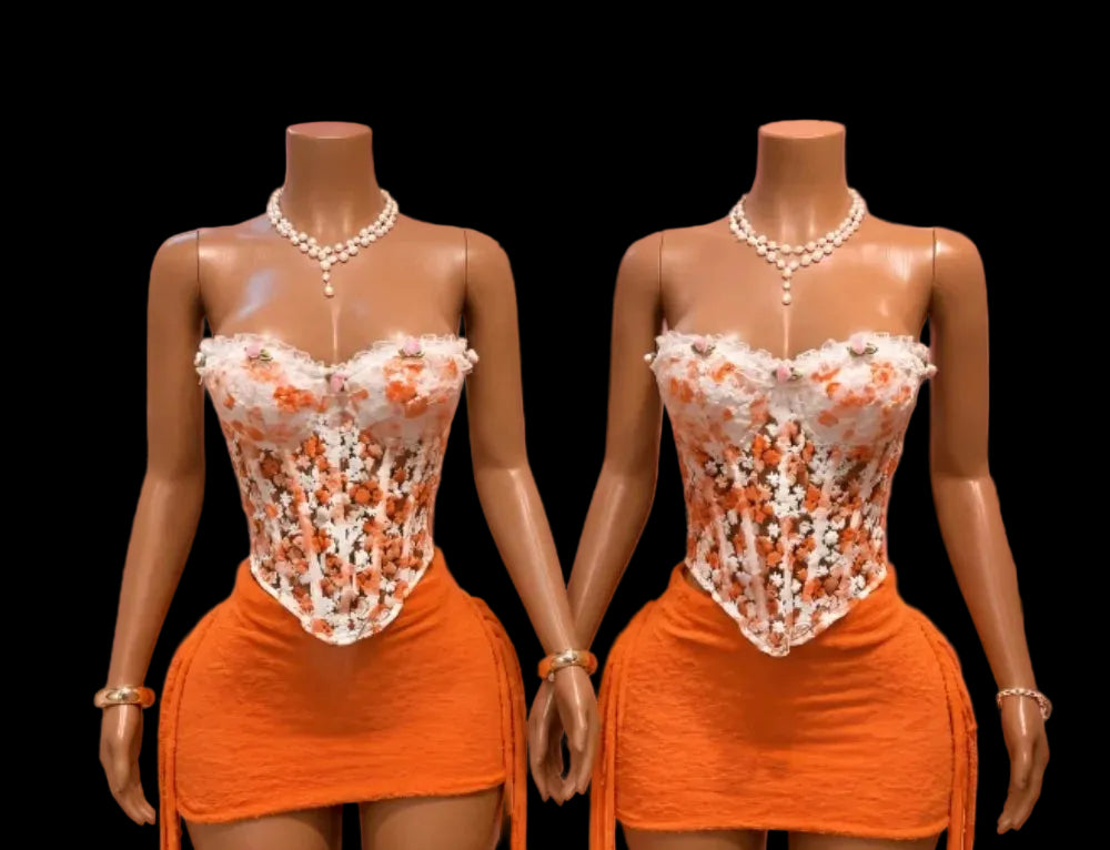 Floral Embroidery Corset Skirt Set