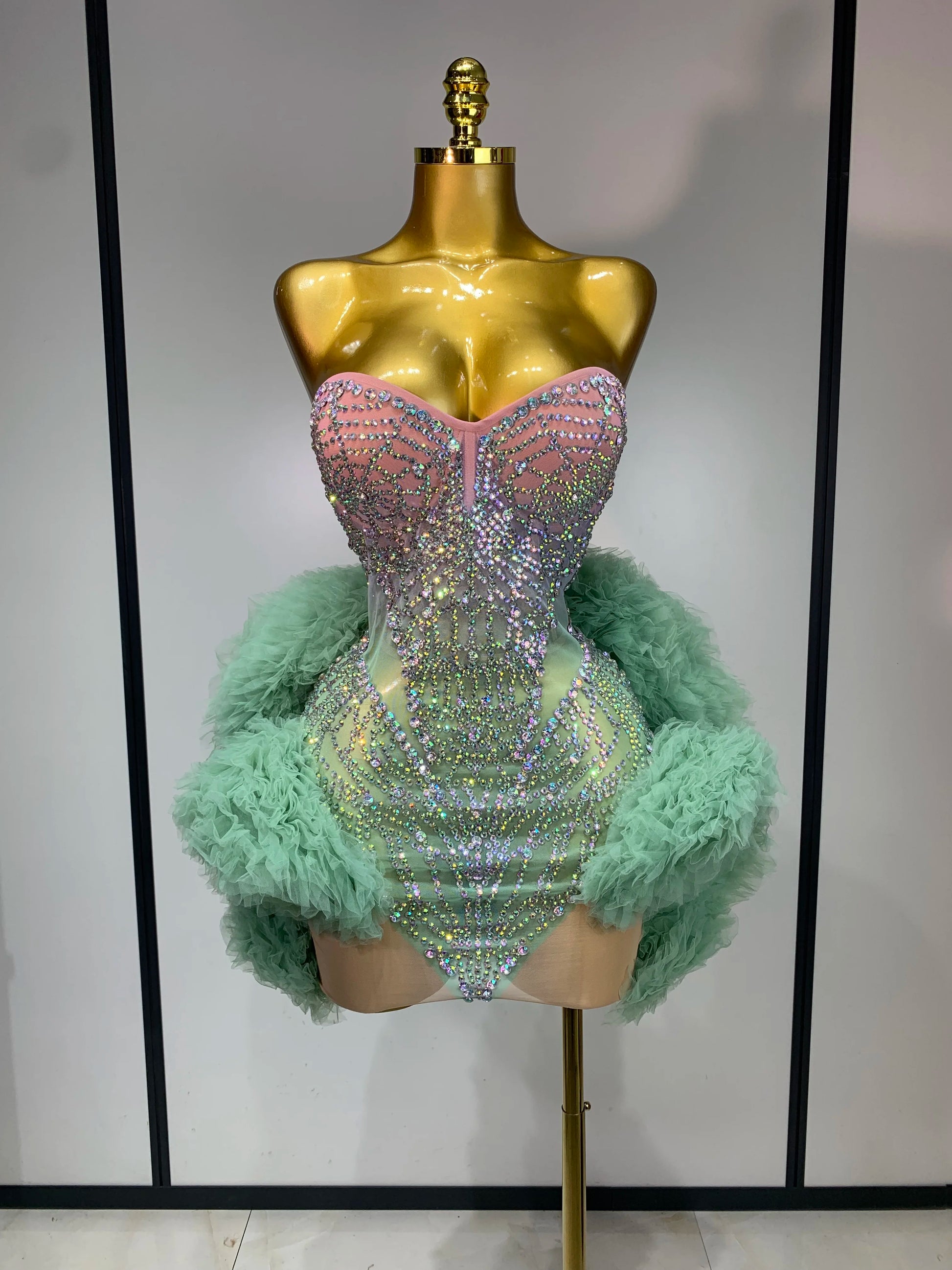 diamond mesh dress Sparkly See Through Maxi Long Celebrity Elegant Eveing Party Birthday Clothing Nightclub Stage Costume Length from shoulder to hem of size S Diamond Rhinestone Mesh Dress Celebrity