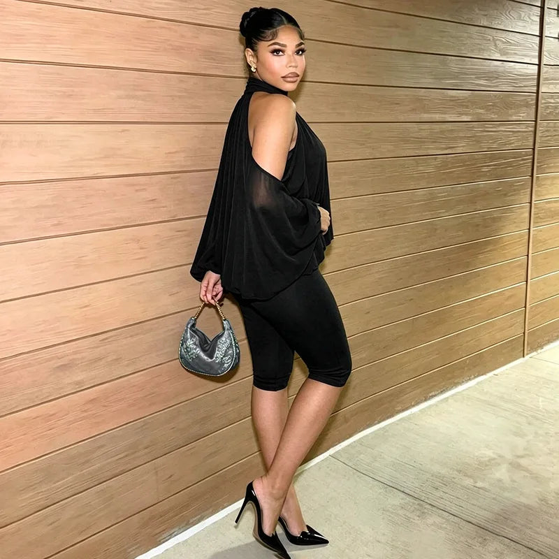 Turtleneck Sheer Chiffon Capris Set