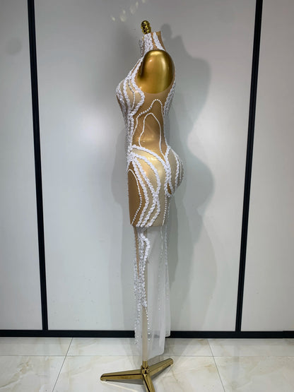 Pearl Sequined Mesh Maxi Dress