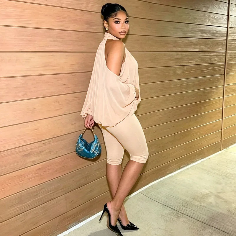 Turtleneck Sheer Chiffon Capris Set