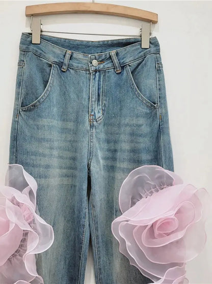 3D Flowers High Waist Jeans