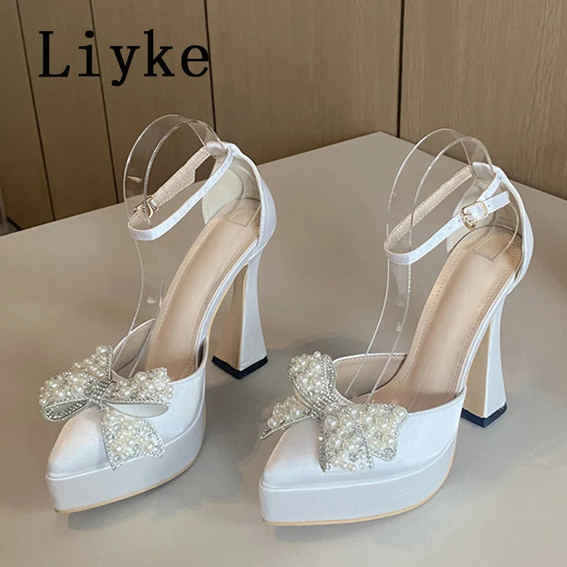 Pearl Butterfly-Knot Pointed Toe Pumps
