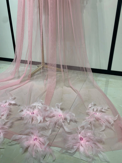 Pink Feather Mesh Maxi Dress