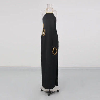 Gold Trim Cutout Knit Maxi Dress
