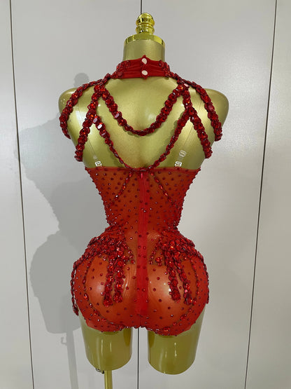 Red Rhinestone Mesh Bodysuit