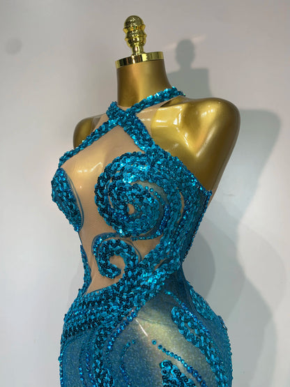 Blue Rhinestone Sequins Mesh Maxi Dress