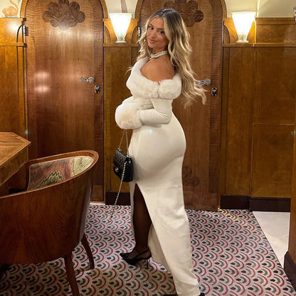 Fur Collar Off One Shoulder Bodycon Dress