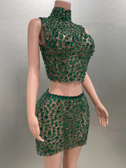 Rhinestone Green Mini Skirt Set