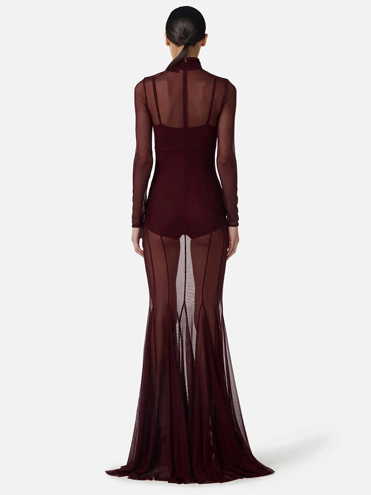 Robe moulante VC sexy en maille transparente à col roulé et manches longues, tenue de soirée transparente, coupe ajustée, tenue de club pour femme