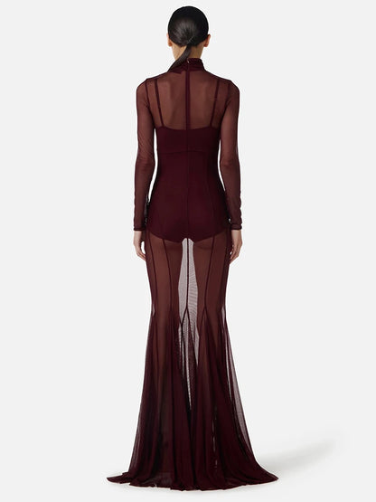 Robe moulante VC sexy en maille transparente à col roulé et manches longues, tenue de soirée transparente, coupe ajustée, tenue de club pour femme