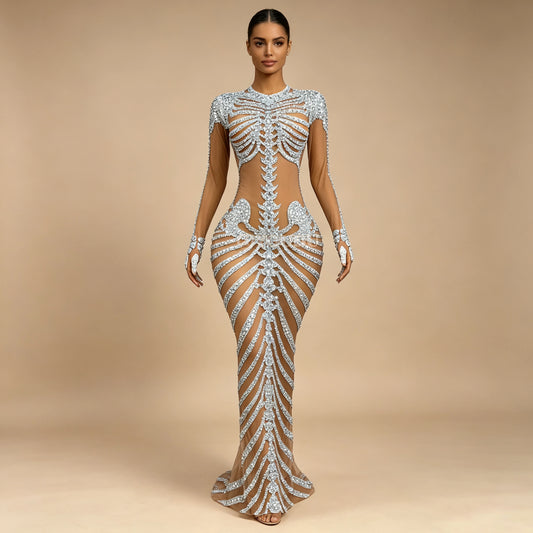 Skeleton Rhinestone Mesh Maxi Dress