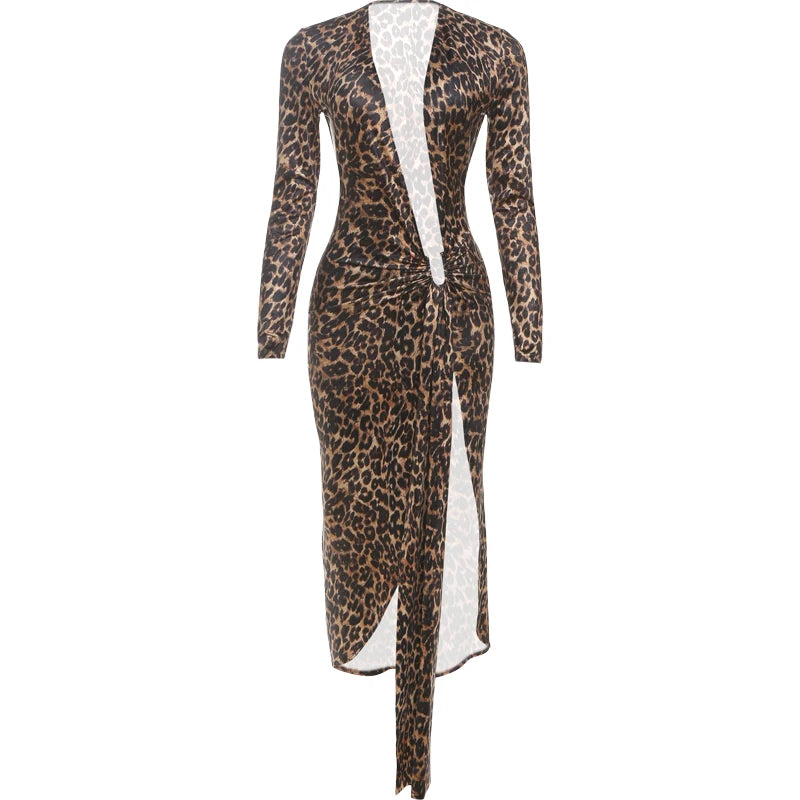 Leopard V-Neck Ruched Dress