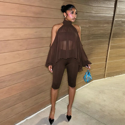 Turtleneck Sheer Chiffon Capris Set