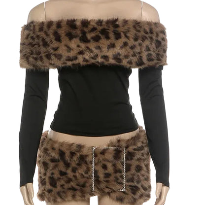 Leopard Fur Mini Skirt Set