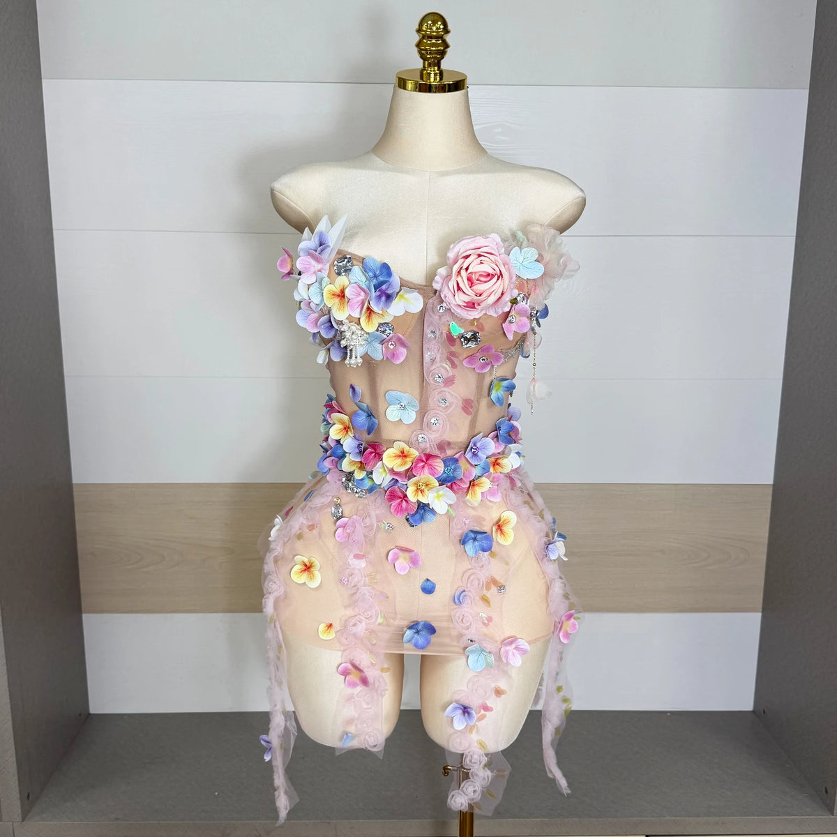 Garden Petal Rhinestone Mesh Dress