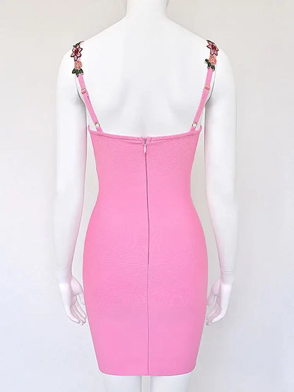 Pink Embroidery Bandage Mini Dress