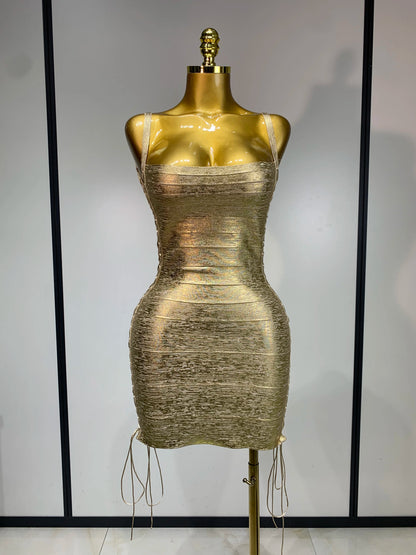 Metallic Side Lace Up Bandage Mini Dress