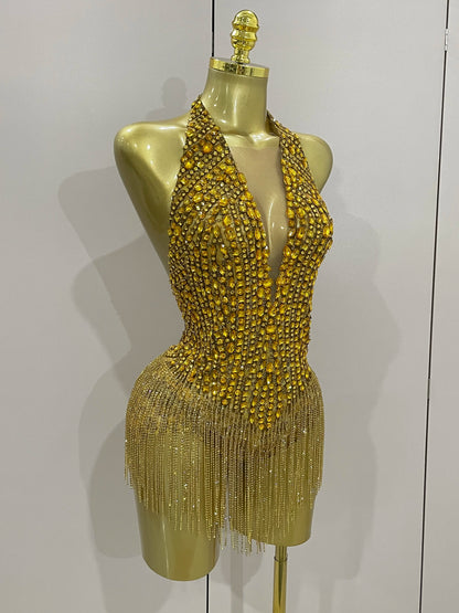 Golden Rhinestone Mesh Bodysuit