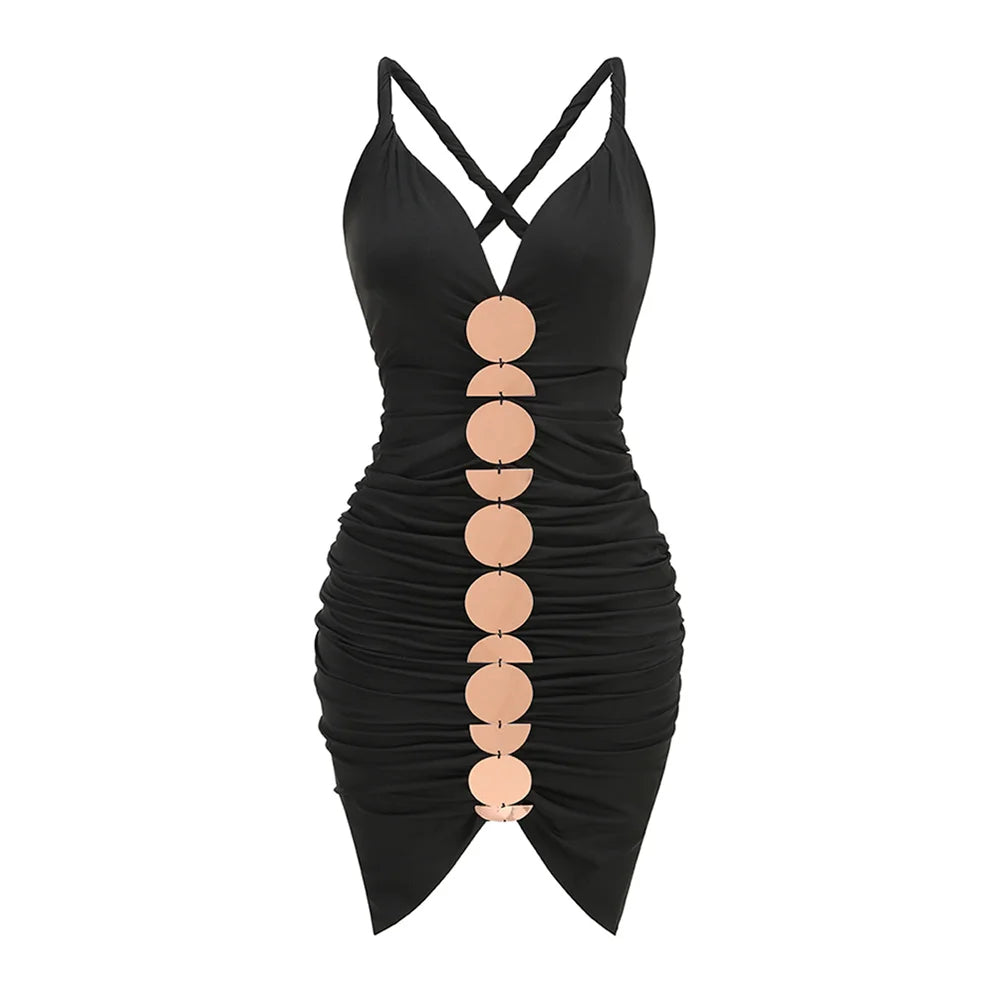 Metallic Discs Pleated Bodycon Dress