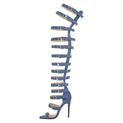 Denim Buckle Stiletto Boot Sandals