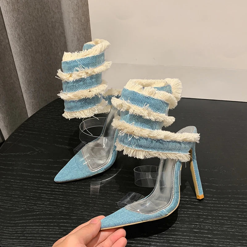 Denim Ankle Strap Heels