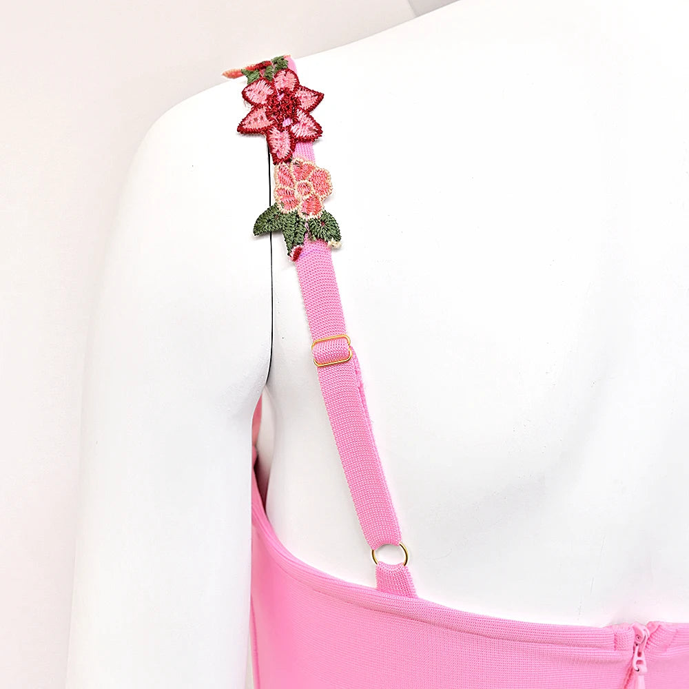 Pink Embroidery Bandage Mini Dress