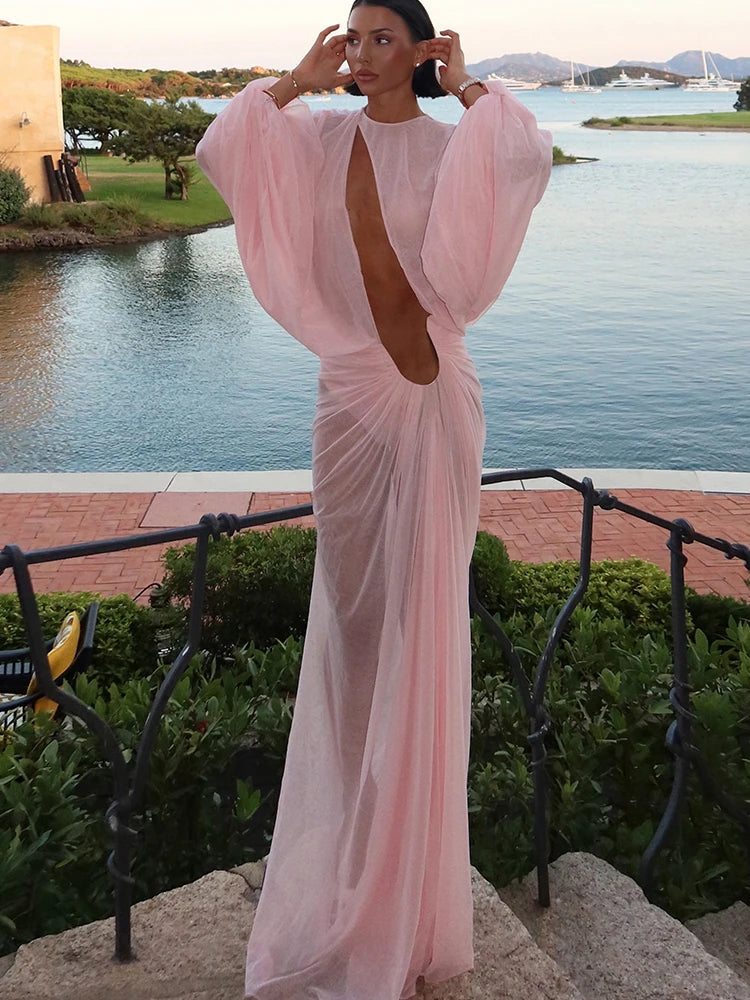 Klarissa Ruched Lantern Sleeve Maxi Dress