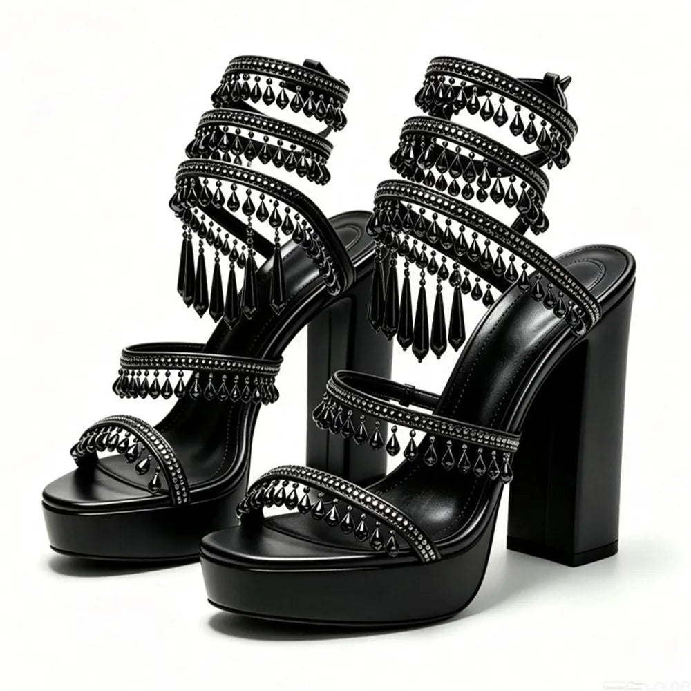 Nisha Rhinestone Chunky High Heels