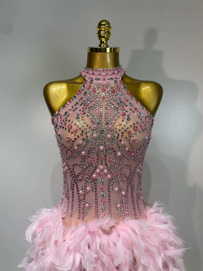 Pink Feather Mesh Maxi Dress