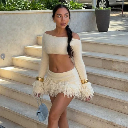 Knit Sweater Fringe Skirt Set