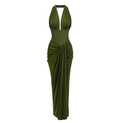 Olive Green Corset Ruched Maxi Dress