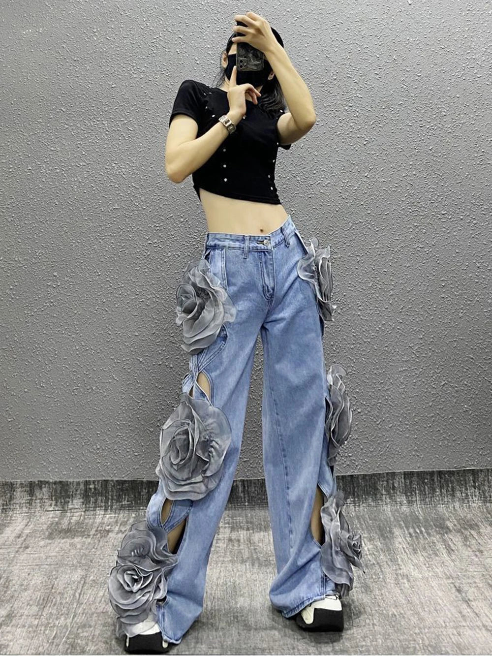 3D Flower Denim Pants