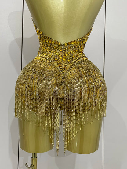 Golden Rhinestone Mesh Bodysuit