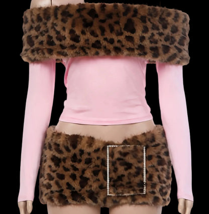 Leopard Fur Mini Skirt Set