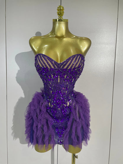 Purple Rain Mesh Ruffled Mini Dress