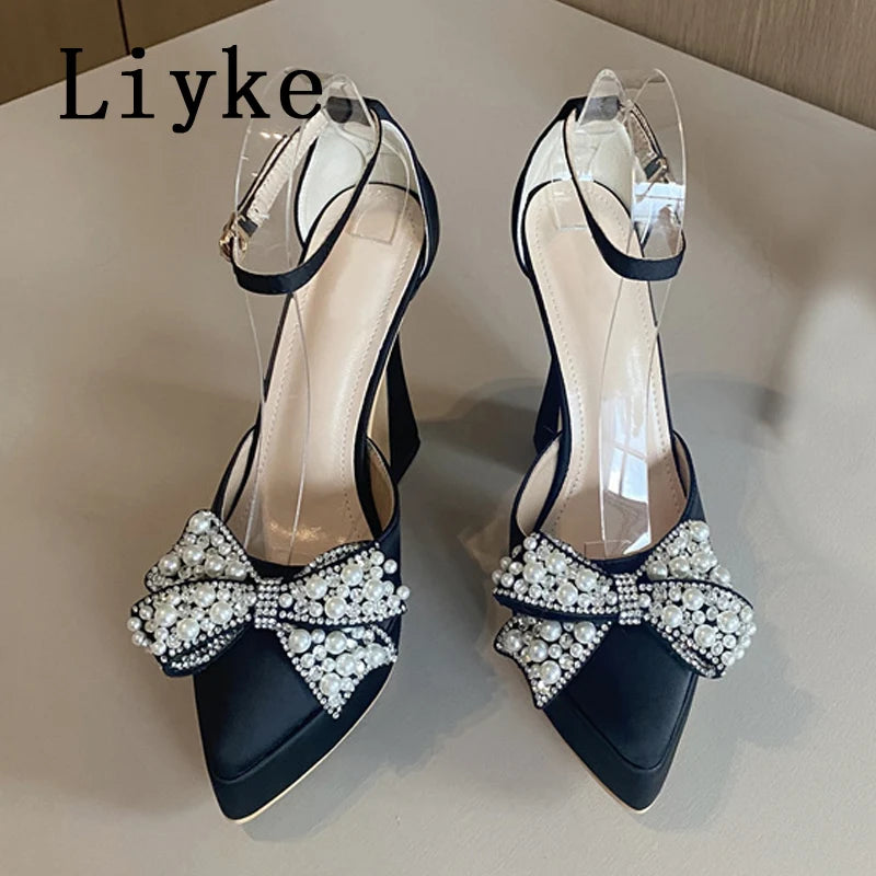 Pearl Butterfly-Knot Pointed Toe Pumps