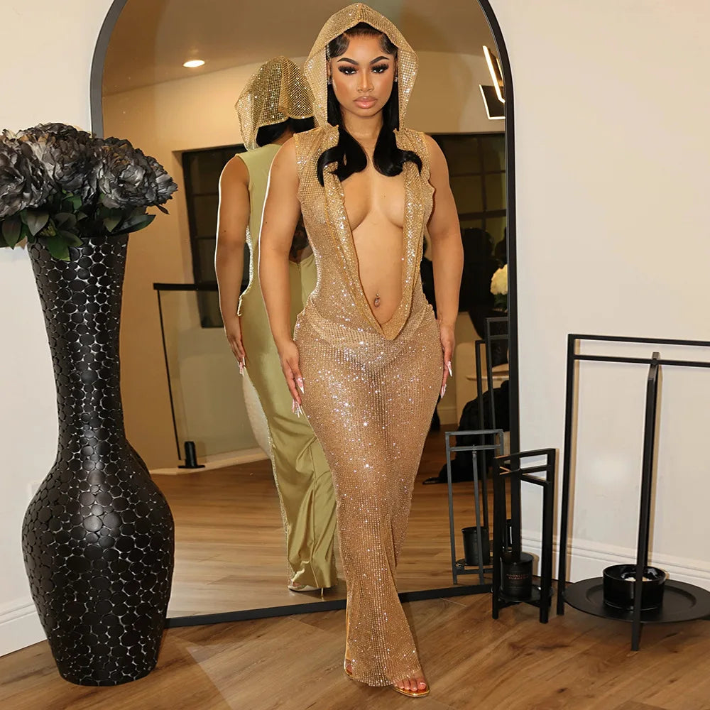 Hooded Headscarf Sequined Maxi Dress