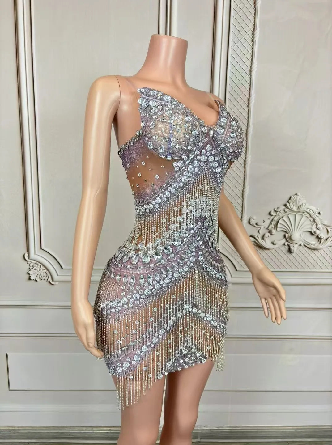 Grandiose Rhinestone Mesh Mini Dress