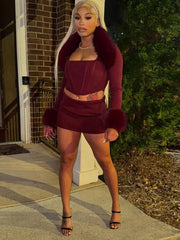 Fur Shawl Top Skirt Set