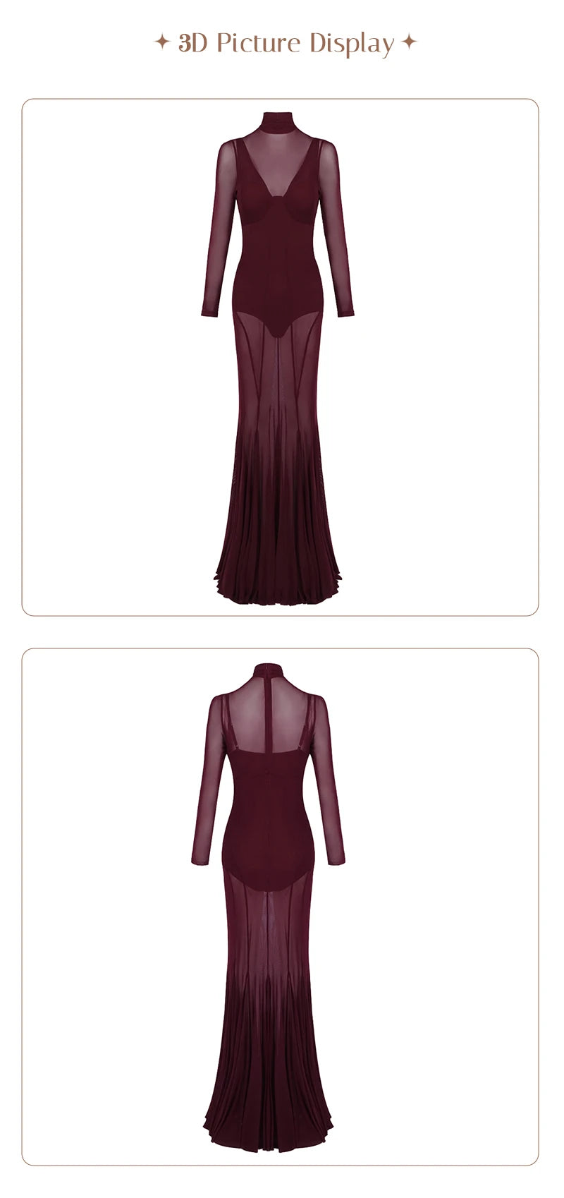Robe moulante VC sexy en maille transparente à col roulé et manches longues, tenue de soirée transparente, coupe ajustée, tenue de club pour femme