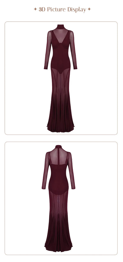 Robe moulante VC sexy en maille transparente à col roulé et manches longues, tenue de soirée transparente, coupe ajustée, tenue de club pour femme