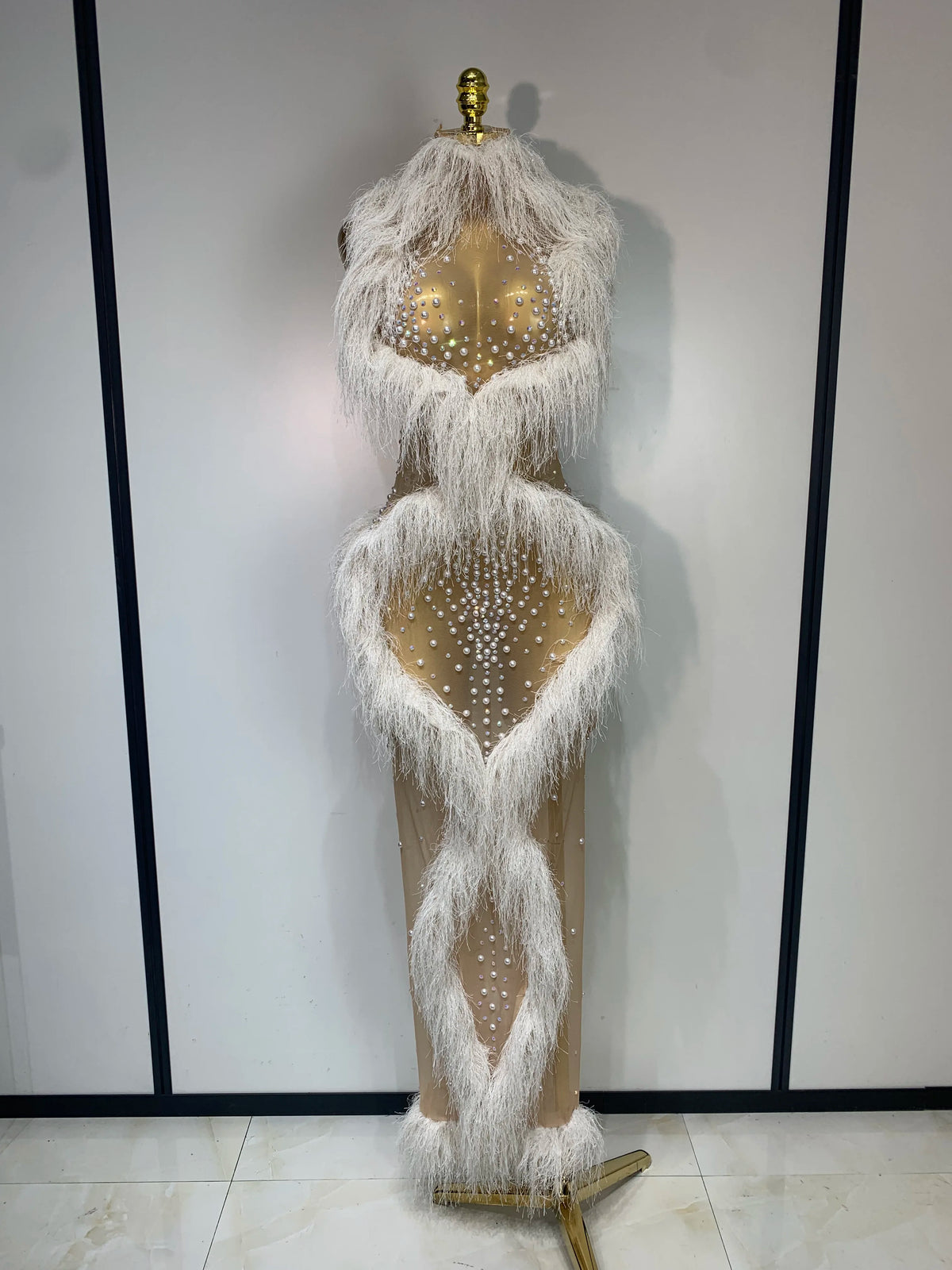 Pearl Crystal Mesh Tassel Maxi Dress